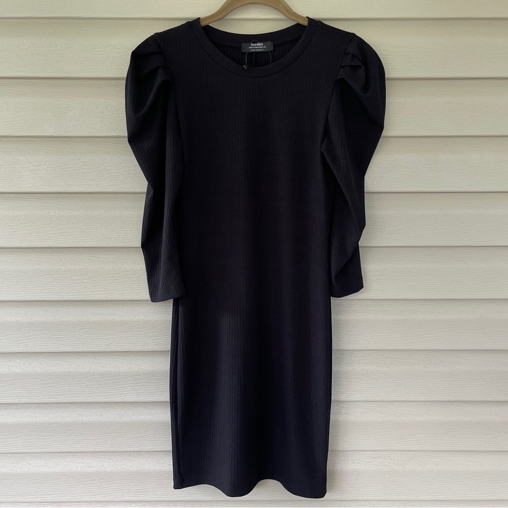 Bershka Black Puff Sleeve Ribbed Knit Dress Size M NWT